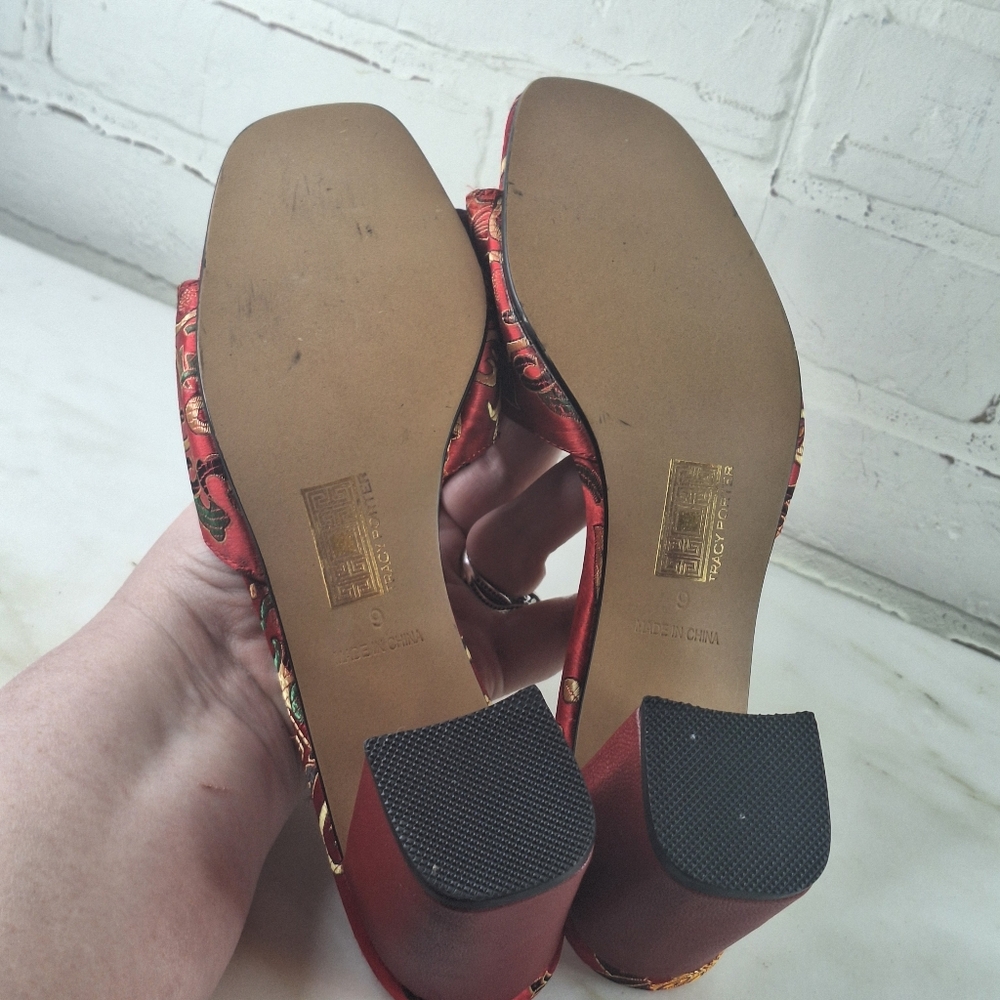 Tracy Porter Red Patterned Satin Mules with Purple Accents - Picture 3 of 4